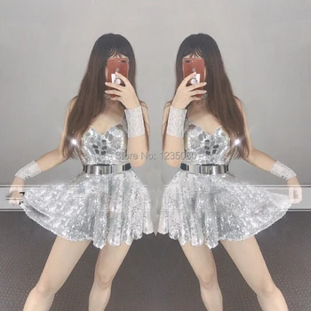 

Xmas Silver mirror women dress sexy ballroom dance costumes dj stage show wears clothe catwalk performance singer prom party bar