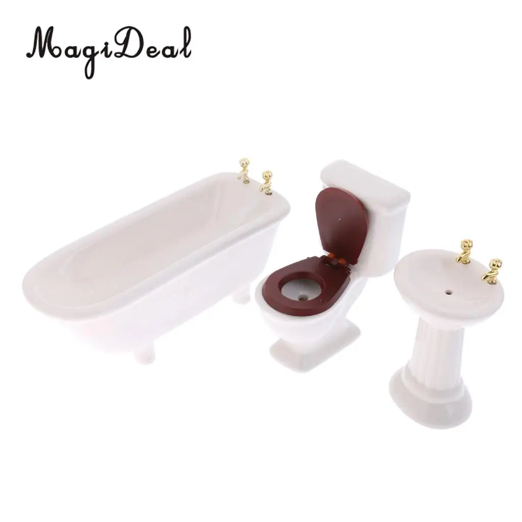 Dollhouse Bathroom Set White Gold Blue Porcelain Tub Toilet Sink 1:12 Scale