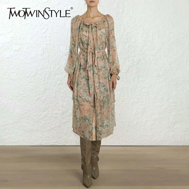 

TWOTWINSTYLE Sexy Slash Neck Print Dresses Women Bowknot Lantern Long Sleeve High Waist Midi Dress Female 2019 Spring Fashion