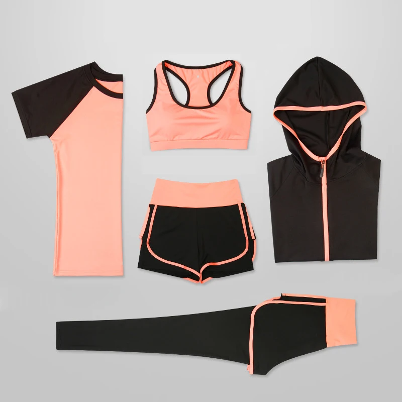 Женский комплект из 5 предметов для йоги, для бега, футболка, фитнес, бюстгальтер, спортивная одежда, одежда для спортзала, Женский комплект для тренировок, спортивный костюм