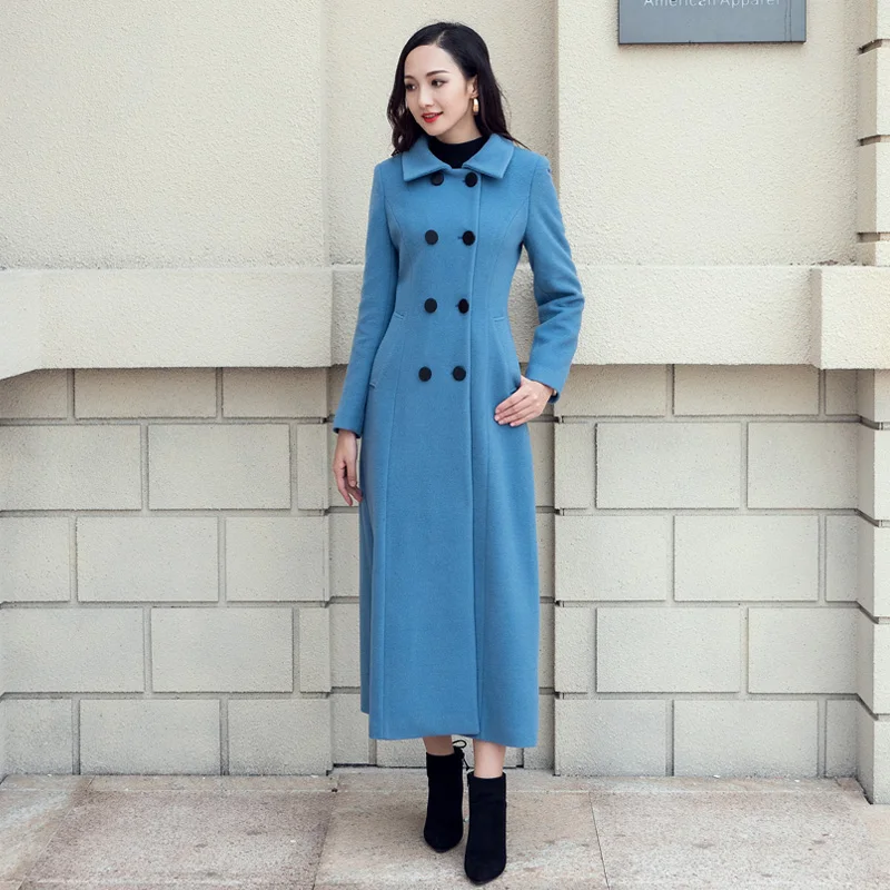 New Arrival Womens Wool Coats Fashion Double breasted Blue Woolen Coat