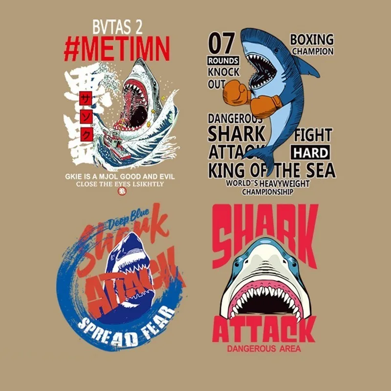 

Iron on Patches Clothes Stickers for T-shirt Crazy Shark Attack Heat Transfers Patch for Clothing by Household Irons Washable