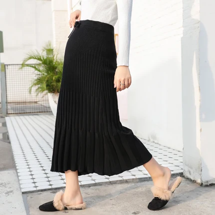 

2019 new winter maternity abdominal knitted skirts loose long woolen pleated skirt pregnant women empire maxi skirts black/grey