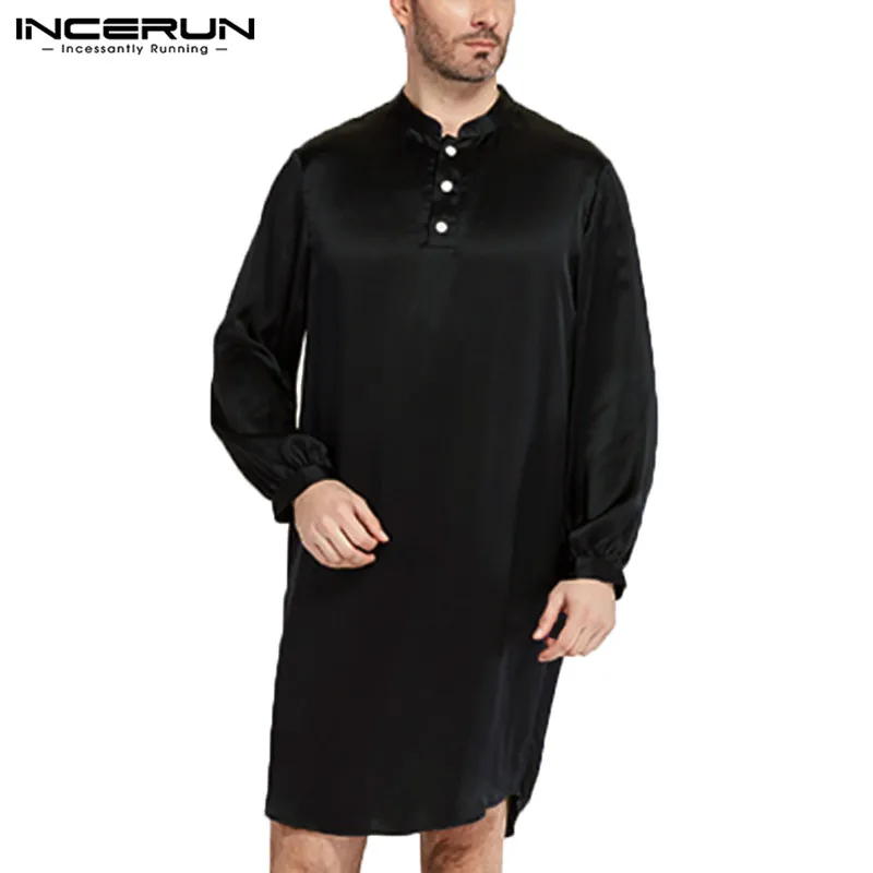 INCERUN Шелковый Атласный халат Мужская мягкая пижама с длинным рукавом мужская домашняя одежда для сна удобный халат повседневный мужской костюм размера плюс