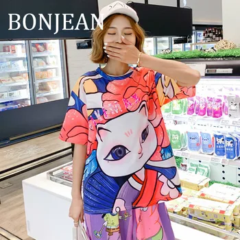 

BONJEAN Cat Pattern Shirt for Women 2019 Summer Tops and Tees Short Sleeve T Shirt with Sequin Loose Print Shirts BJ1040