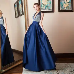 Новые Элегантные синее платье для выпускного вечера пикантные глубоким v-образным вырезом Вышитое Платье С Открытой Спиной Длинное