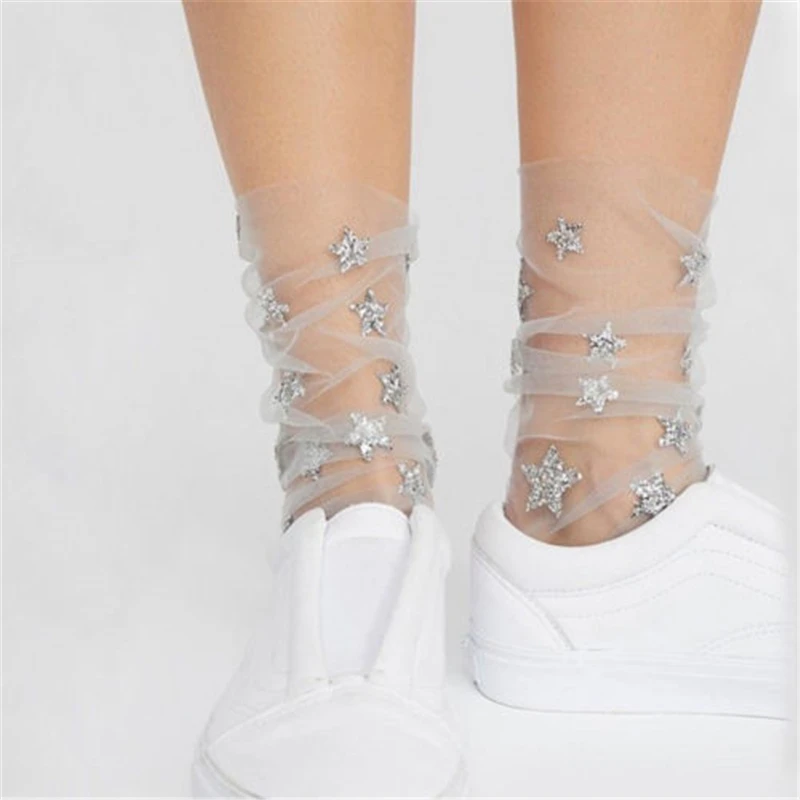Новейшие женские носки, блестящие тонкие Мягкие сетчатые носки из тюля со звездами для девушек, сетчатые чулки, сексуальные Medias De Mujer