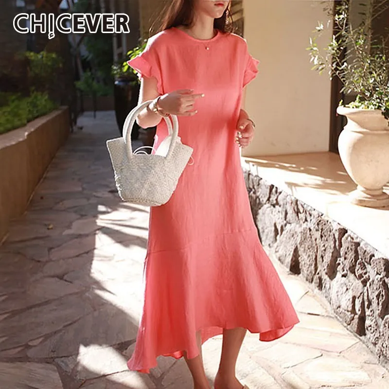 

CHICEVER Summer Sweet Solid Red Ruffles Hem Women Dress O Neck Short Sleeve Loose Slim Asymmetrical Trumpet Dresses 2019 Fashion