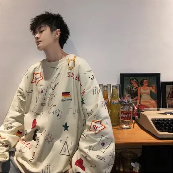 

Men's Sweatshirt 2019 Spring New Round Neck Loose Pullover Overall Body Print No Cap Sweatshirt Youth Casual Men's Wear