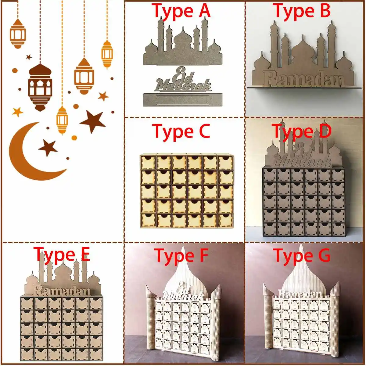 Calendar Wooden Advent Home Decor Gift Muslim Mubarak Ramadan Cloth MDF Eid