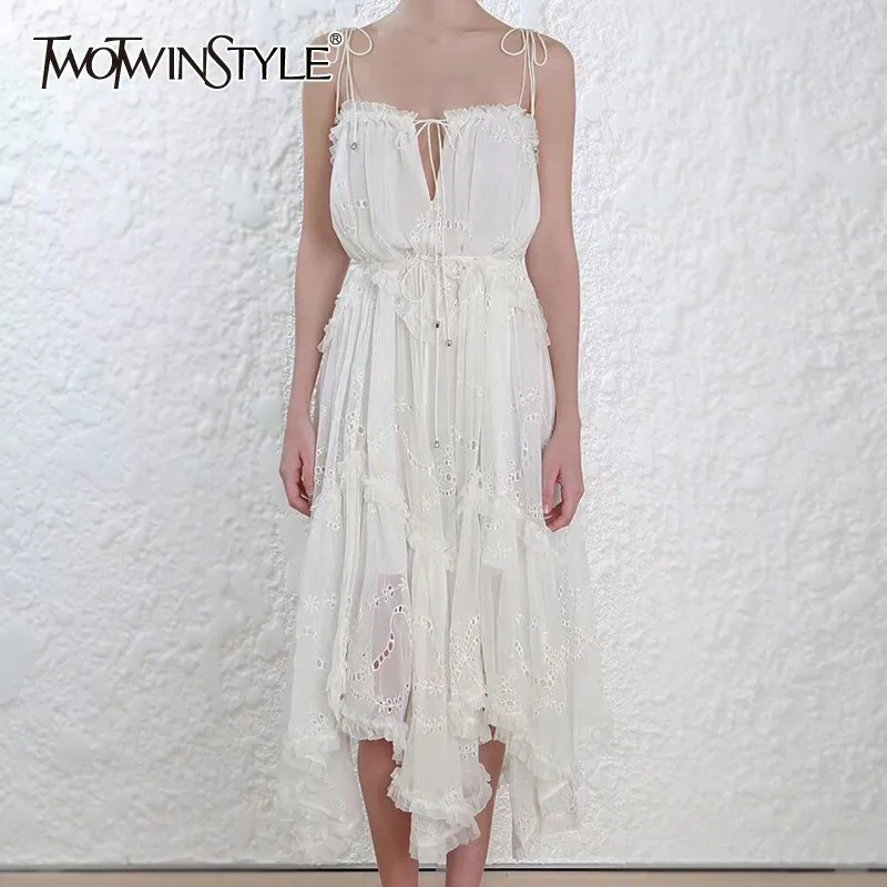 

TWOTWINSTYLE Off Shoulder Hollow Out Women Dress Strap Sleeveless Embroidery Bandage Irregular Midi Dresses 2019 Summer Fashion