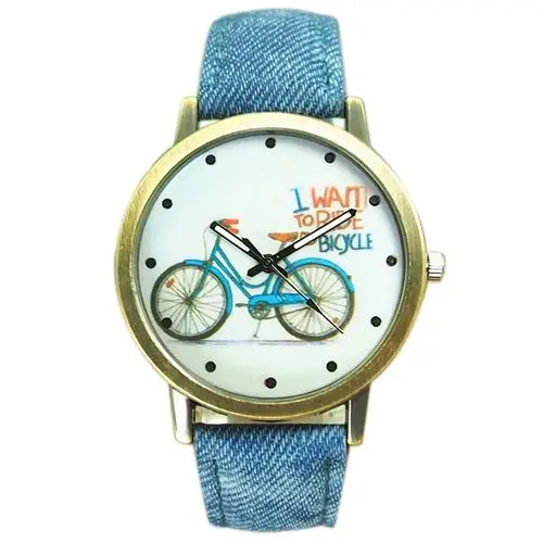 Женская мода велосипед бронзовые джинсы ткань кварцевые, на ремешке аналоговые наручные часы