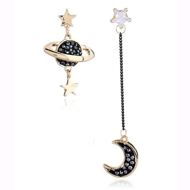 

Qi Leaf Cute Creative Rhinestone Planet Earrings Long Style Different Size Asymmetric Star Moon Stud Earrings for Women
