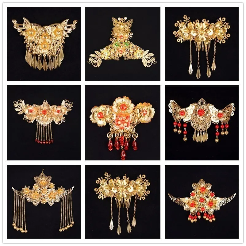 

AINILIDAN New Bride Tiara Golden Hair Combs Chinese Style Wedding Hair Accessories Small Phoenix Coronet Bridal Crown Forehead