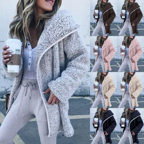 

Womens Winter Fluffy Fleece Jacket Coat Cardigans Hooded Zip UP Pocket Jumper