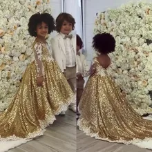 Босоножки на высоком каблуке Blingbling с золотыми блестками для девочек в цветочек платья, аппликации из кружева с длинным рукавом для девочек, рубашка в Праздничное платье для ребенка, платье для девочек на день рождения Круглый вырез