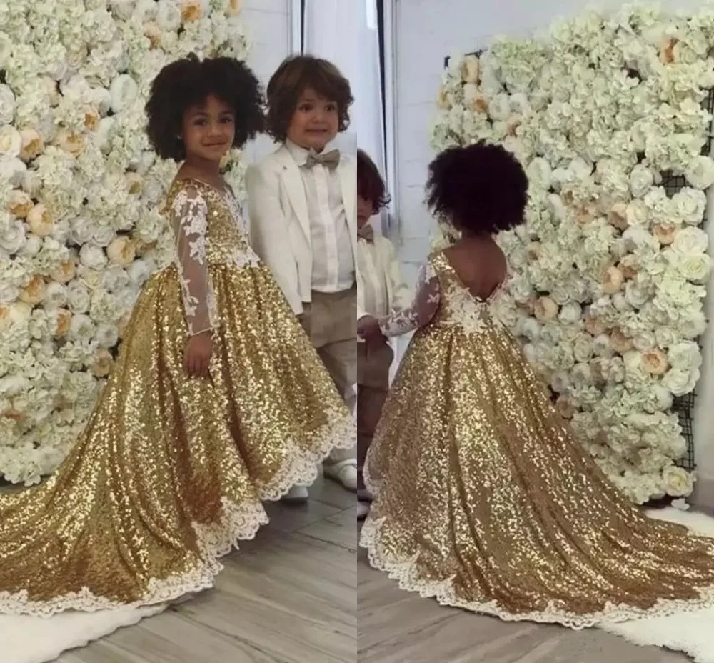 

Blingbling Gold Sequins Flower Girl Dresses Lace Appliques Long Sleeve Girls Pageant Dress for Child Birthday Dresses Jewel Neck
