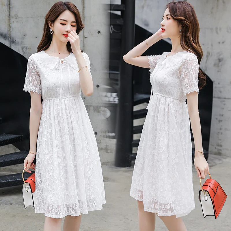 

Korean Fashion Female Summer Dress New Women Short Sleeve Sweet Doll Collar White Lace Dresses