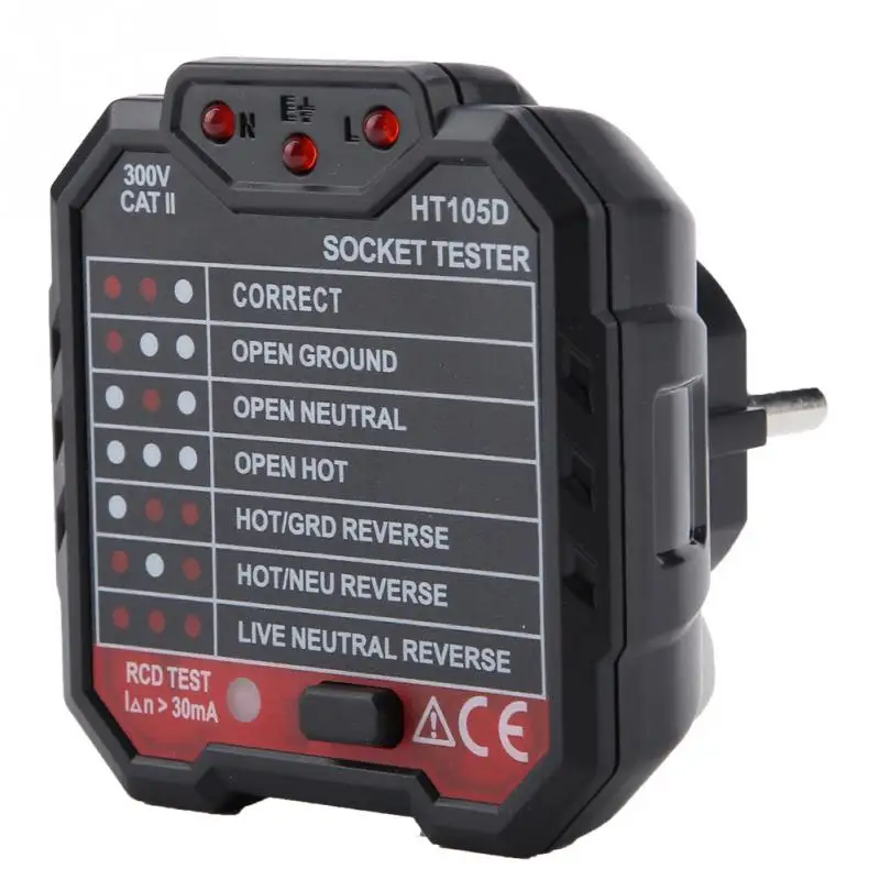 

HT105B/HT105D/HT105E Multi-function Electric Socket Tester Mains Fault Checker Tool US UK EU Plug