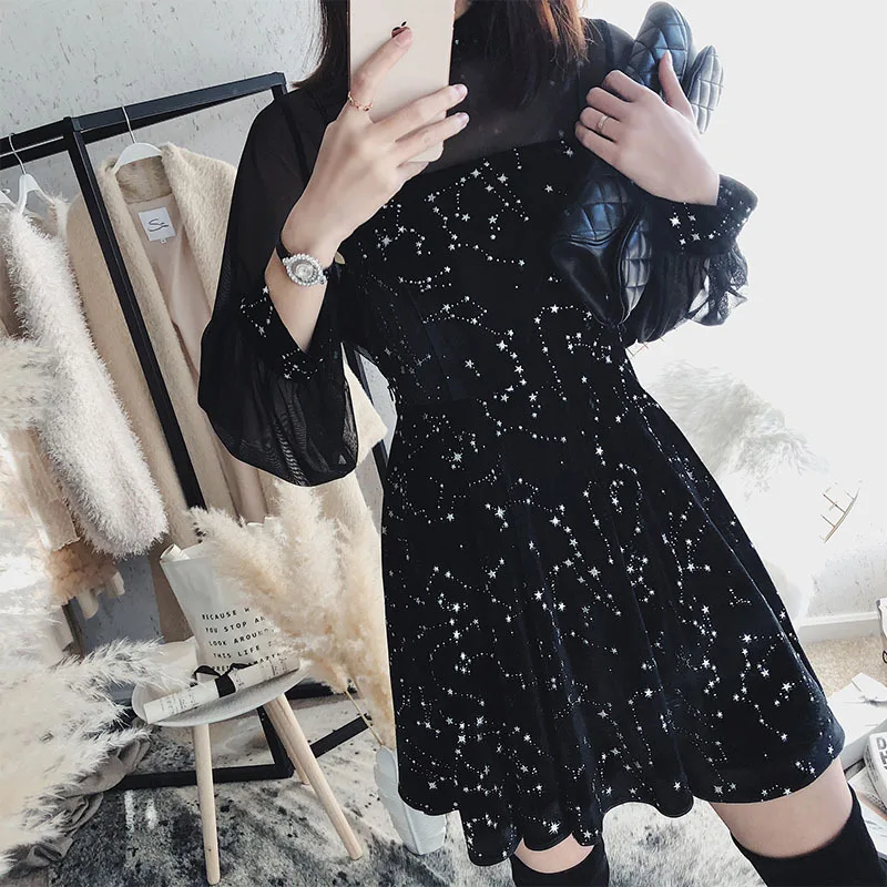 

2019 Two Pieces Women Party Dress Fashion Star Printed Sexy Sleeveless Club Mini Dress Causal Long Sleeve Patchwork Mesh Tops