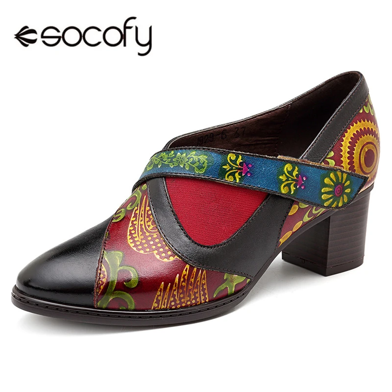 

Socofy Pointed Toe Retro Pumps Women Shoes Woman Genuine Leather Spring Autumn Hook&Loop High Heels Pumps 5cm Block Heel Shoes