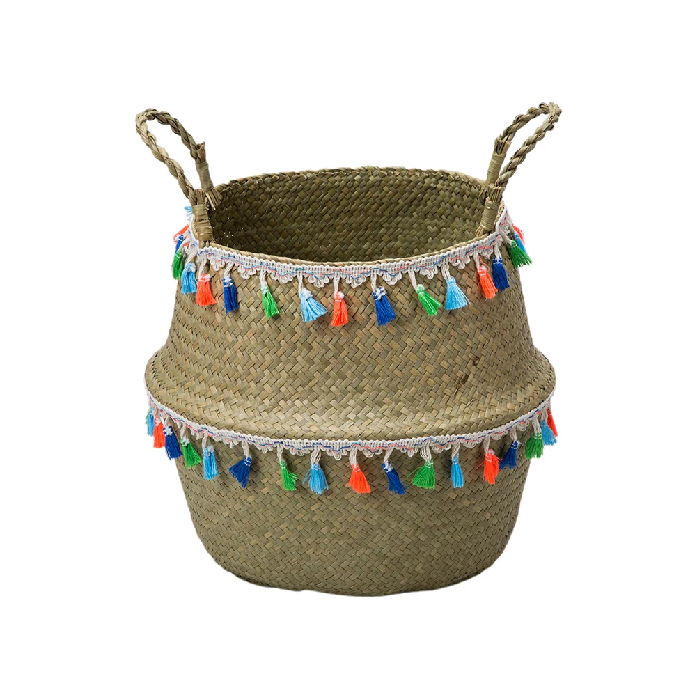 WHISM Tassel Style Flower Basket Decoration Garden Flower Pots Planters Handmade Bamboo Storage Baskets Dirty Laundry Hamper