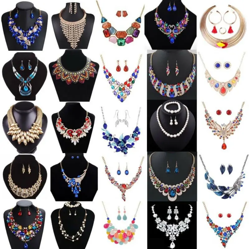 

Women Choker Bib Crystal Earrings Necklace Fashion Jewelry Chain Pendant Statement Jewelry Wedding 2PCS Jewelry