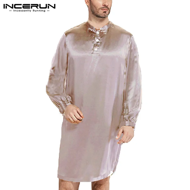 INCERUN Men Robe Pajamas Soft Faux Silk Satin Long Sleeve Casual Men Bathrobe Sleepwear Homewear Men Clothing 2019 Spring 5XL
