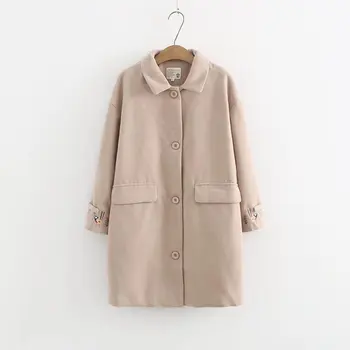 

High quality fashion simple autumn and winter new Korean version of the small fresh cute embroidered Windbreaker coat long coat