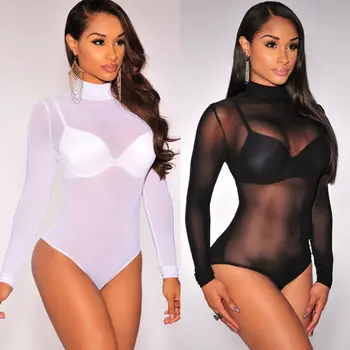 

Rompers 2019 New Fashion Sexy Women Choker Lace Long Sleeve Sexy Mesh Stretch Leotard Tops Jumpsuit Romper Sexy