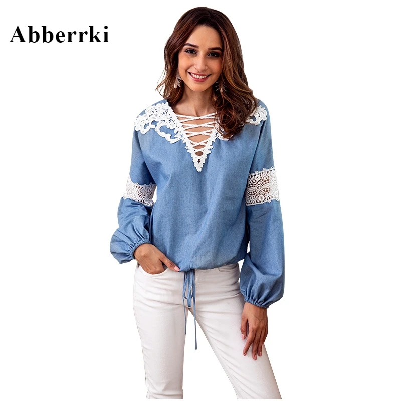 

Autumn Blusa Feminina Denim Blue Women's Clothing Tops and Blouses V - Neck Lace Appliques Long Sleeve Shirt Blouse Femme