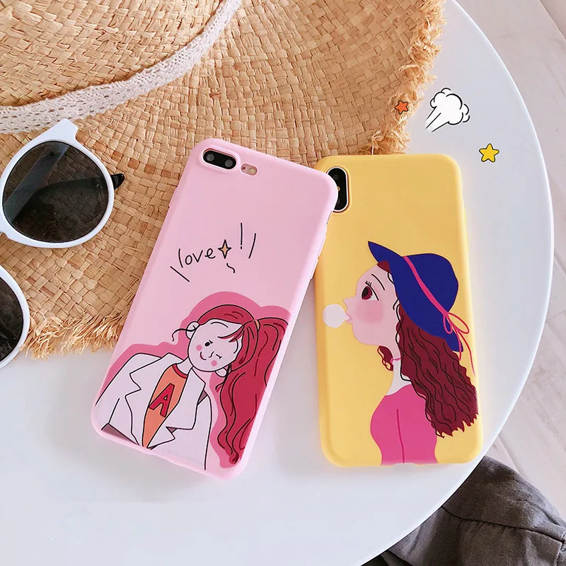 

Fashion girl illustration Korea case silicone soft cover for coque iphone 7 7Plus 8 7 6 6s plus x xs max xr kawaii phone cases