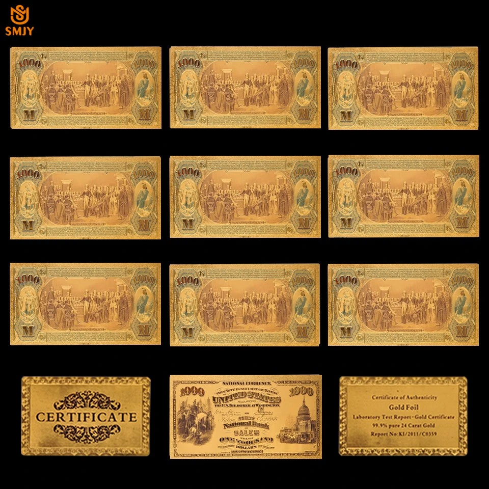 10 шт./лот США 1875 золотые банкноты 1000 долларов 24k позолоченные копия ложных денег