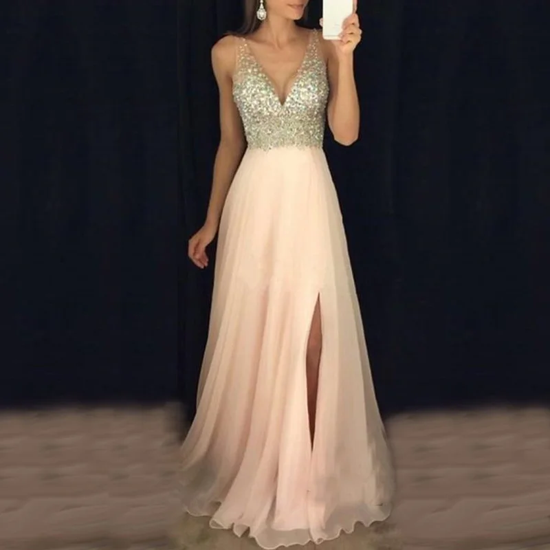 

Women dresses Formal Wedding Bridesmaid Long Party sequin decor vogue ladies summer elegant split swing A-line Dress vestido