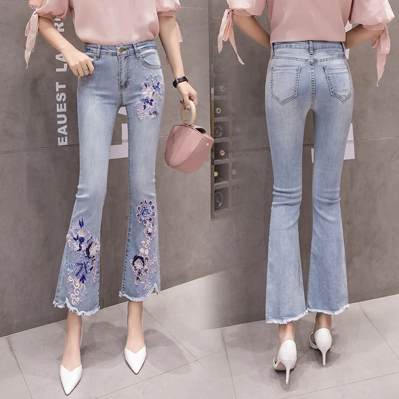 

3D Embroidery Flower Beading Pearls Jeans Women Flare Pants Casual Elastic High Waist Plus Size Denim Long Trousers Light Blue