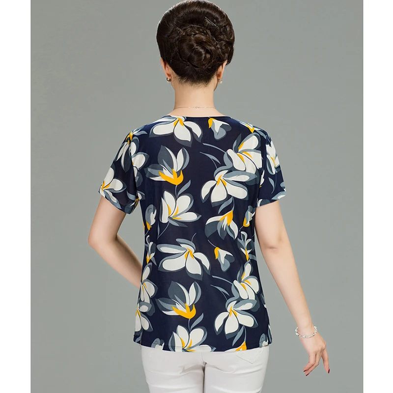 2019 Women Summer T-shirt Printed Milk Silk Short Women's T shirt Middle-aged Mother Clothes Plus size L-4XL Female Tops