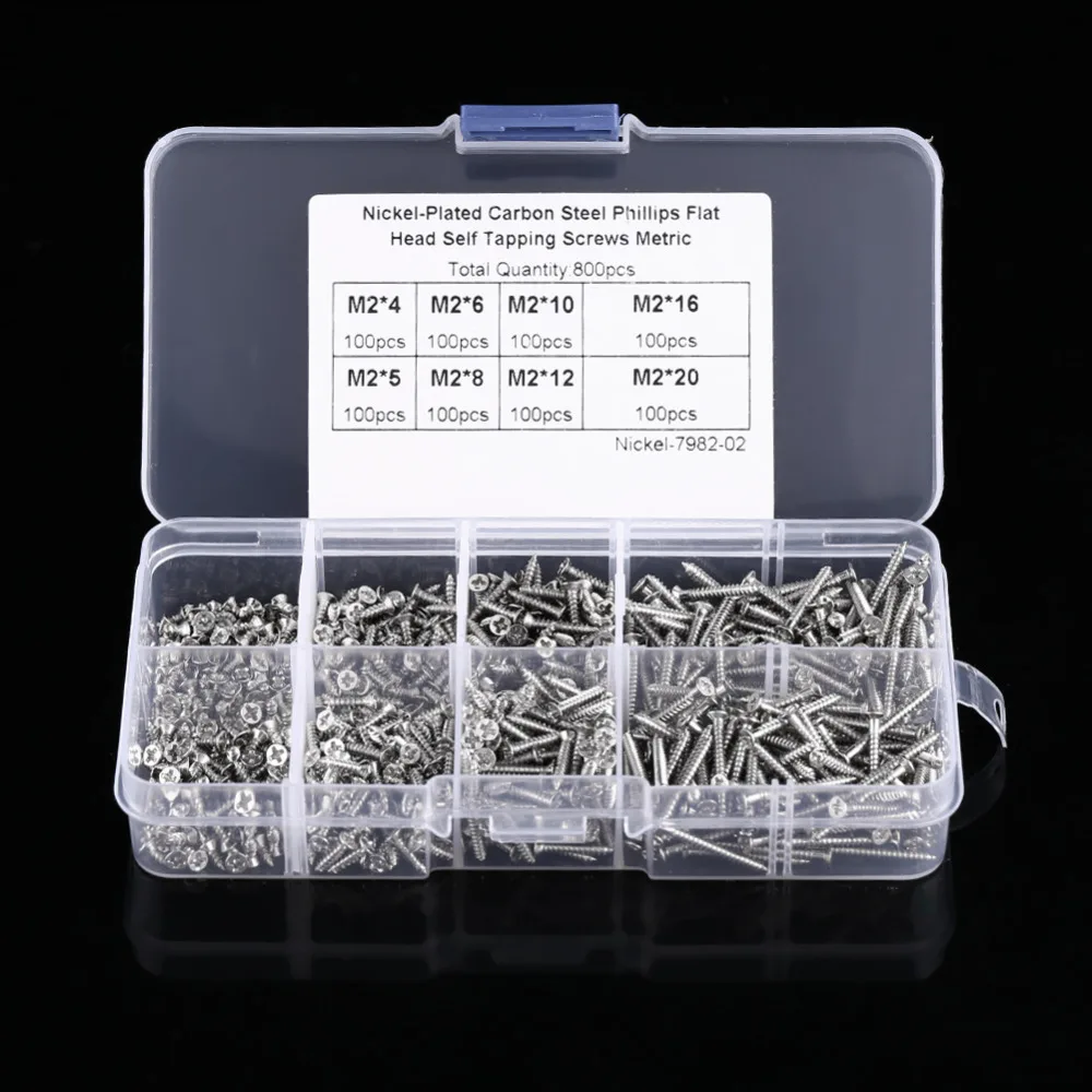

Hot 800Pcs/set M2 Self-Tapping Screws Cross Drive Flat Head Screw Woodworking Fastener With Box Hardware Wholesale