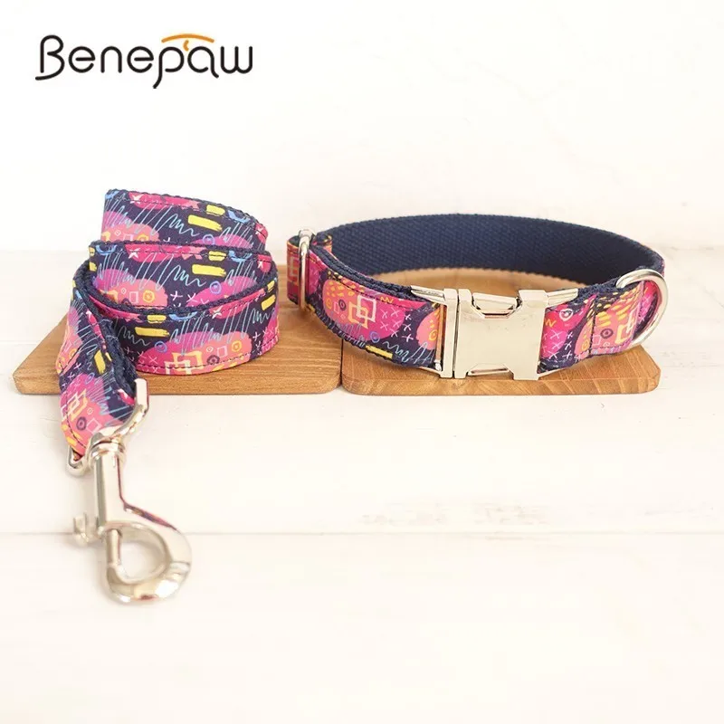 

Benepaw Colorful Collar Leash Set Dog Handmade Metal Buckle Small Large Pet Collar Puppy High-end Print Dog Leash XS-XL