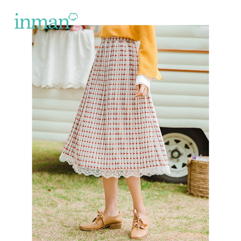 INMAN Spring Autumn High Waist Slim Literary Retro Striped Lace A-line Women Skirt | Женская одежда