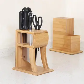

Bamboo R-shape Knife Block Kitchen Knife Storage Rack Shelf Organizer Cutlery Display Stand for Home Kitchen Restaurant