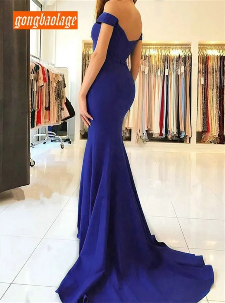 Лаконичное платье с юбкой годе Королевского синего цвета вечернее платье с открытыми плечами на молнии эластичные атласные длинные платья на заказ вечернее платье