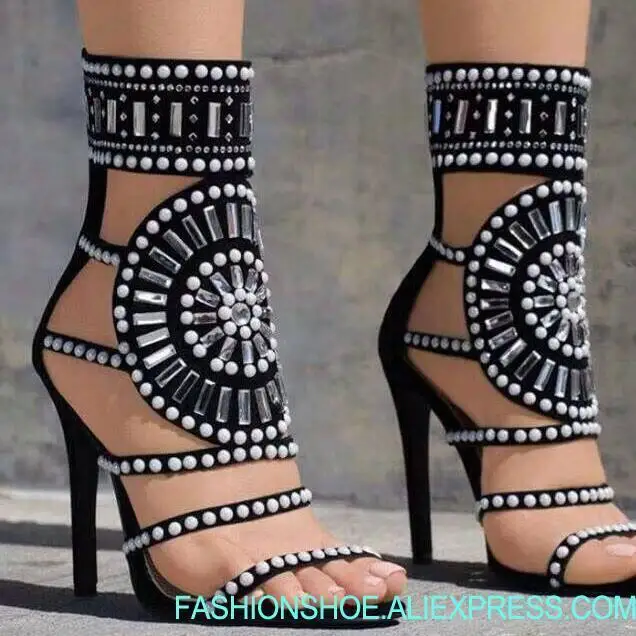 

women white black rhinestones roman gladiator sandal Sexy Open Toe Woman Sandal Ankle Strap Rivets Studded Gladiator Sandal