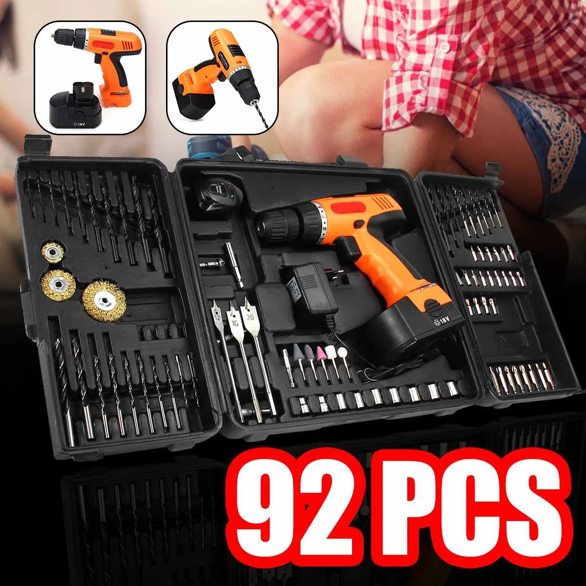 

92Pcs 18V Electric Screwdriver Drill Cordless Hand Drill Driver Power Drills Tool Accessories Set Socket Home DIY Power Tool+Box