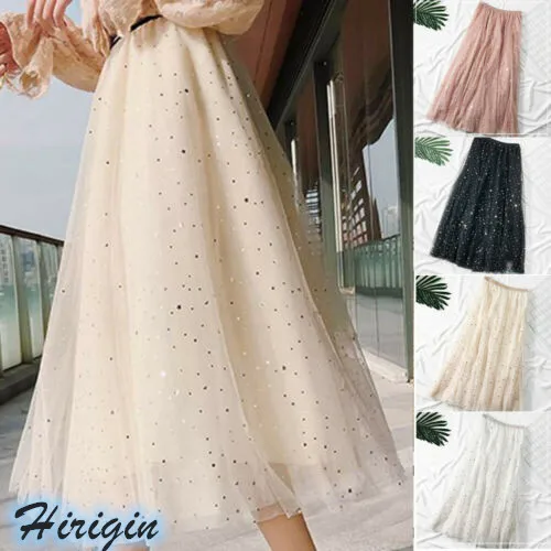 

Summer Skirts 2019 New Women Elastic High Waist A-lined Skirt Loose Long Skirt Sliver Stars And Moon Tulle Skirt