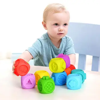 

Baby's 3D Rubber Embossed Pattern Building Blocks Toy Educational Can Bite Washable Safe Plastic Block Toy