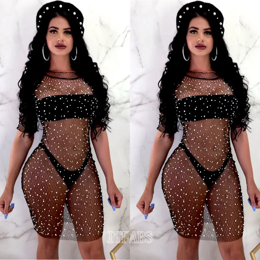 

Women's Lace Sexy Summer Mesh Cover Up Fishnet Bathing Suit Bikini Swimwear Beach shirts Hollow Out Tops