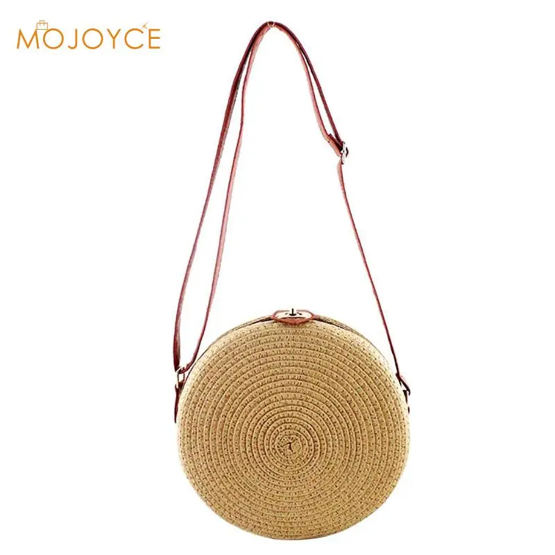

Vintage Handmade Rattan Woven Shoulder Bags PU Leather Straps Bow Hasp Holiday Beach Crossbody Bags Round Small Circular Bag