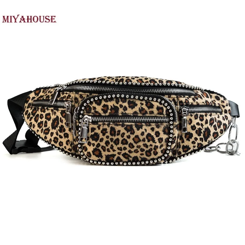 

Miyahouse Fashion PortableChest BagFor Young Women Faux Fur Leopard Print Waist Packs Female Rivet Metal Waist Bags New Winter