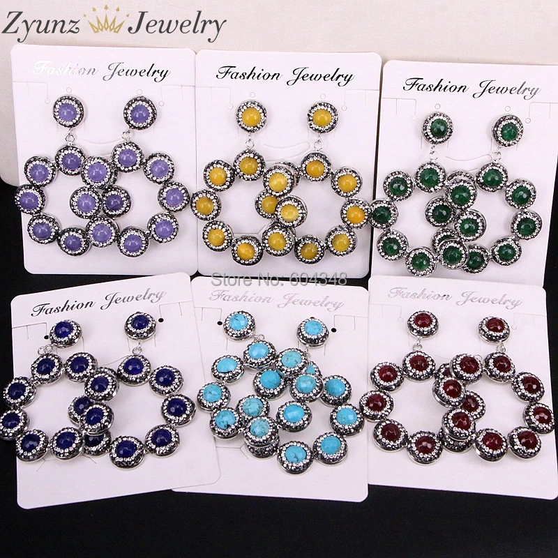 

5Pairs Round flower earrings pave rhinestone agates / howlite stone drop dangle earrings dark silver color jewelry for women