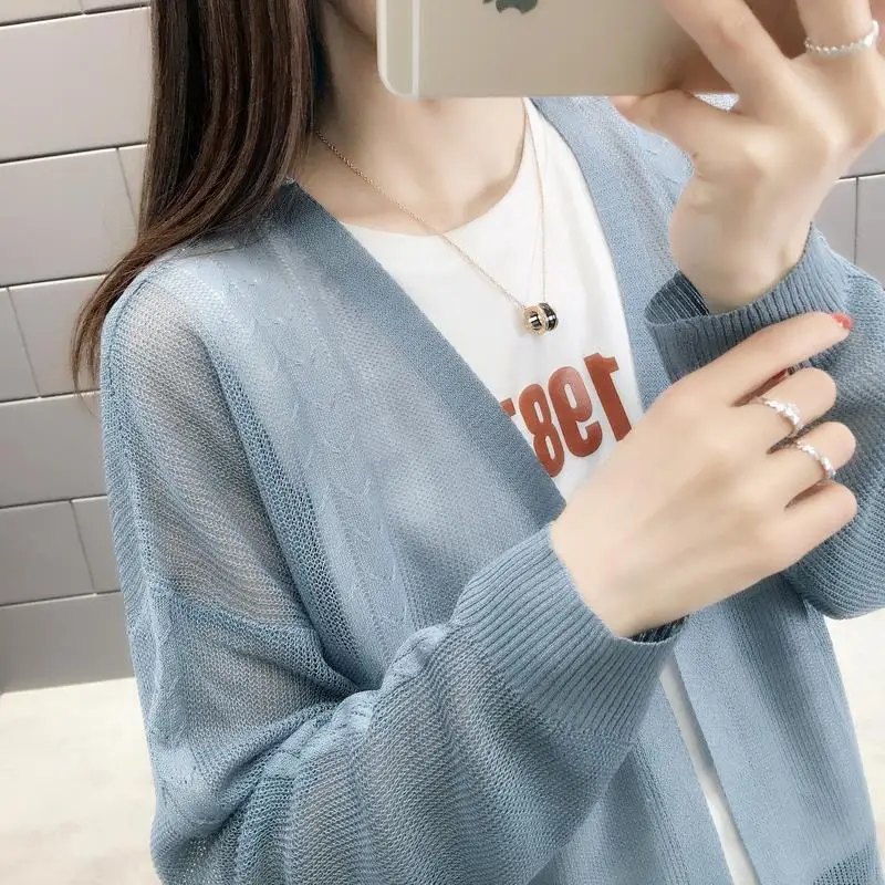 2019 Summer Thin Cardigan Sunscreen Air Conditioning Long Sleeves Shirt V-neck Ice Silk Women Cardigan Jacket